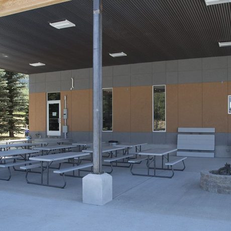 Recreational area with tables and benches